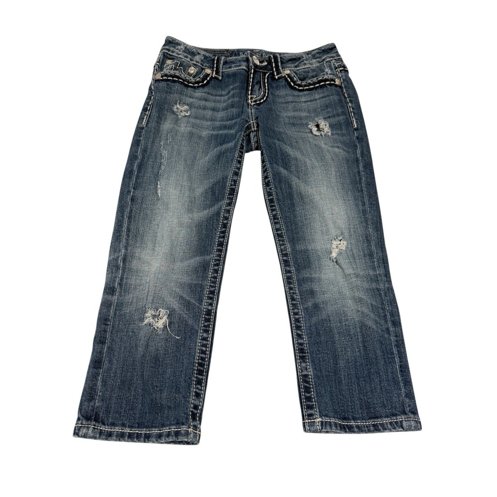 Miss Me Irene Capri Jeans Distressed Thick Stitch Embroidered Pocket Blue 27